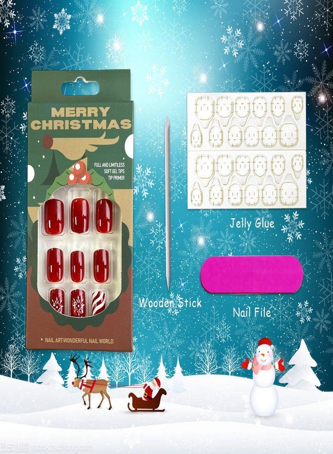 Vopintpy Winter Christmas Press on Nails White Snowflake Stripe Fake Nails Short Square Red Solid Color Glue on Nails Glossy Xmas Stick on Nails for Women DIY Manicure Decor - Image 5